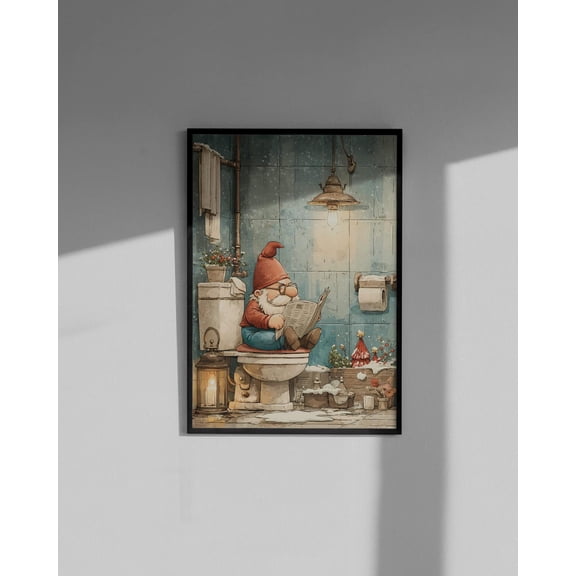 Gnome On Tet Reading Newspaper: Winter Print, Unframed Poster Size 12x18