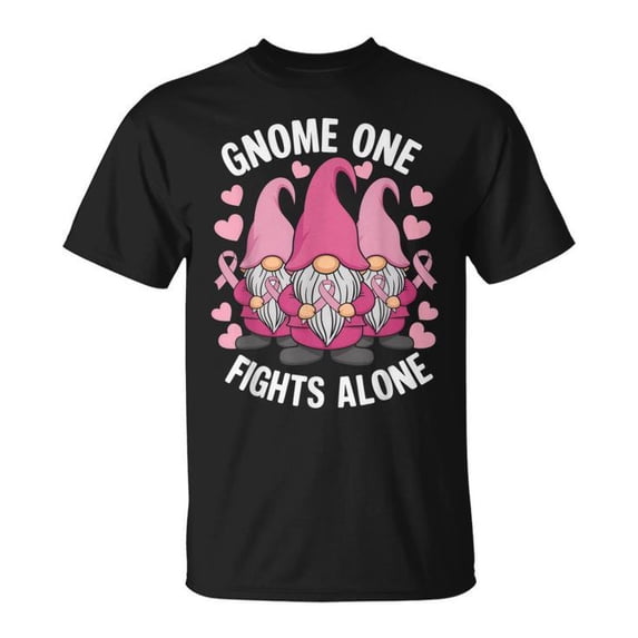 Gnome One Fights Alone Breast Cancer Awareness T-Shirt, Pink Ribbon Support Tee for Women Men, Inspirational Cancer Survivor Graphic Shirt, October Fundraiser Awareness Top