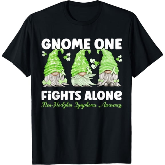 Gnome One Fights Alone Lime| Non Hodgkin Lymphoma Awareness T-ShirtMen's and women's gift, black and white T-shirt, size: Extra large S-4XL