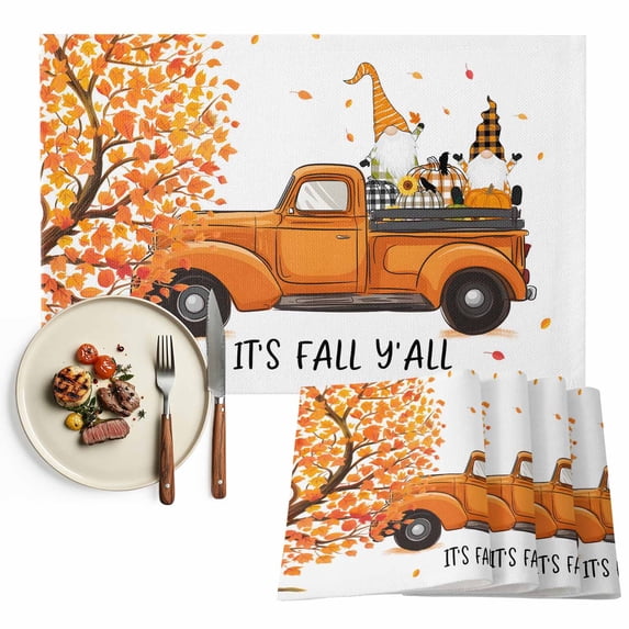 Gnome Orange Truck Placemats Set of 12 It's Fall Y'll Pumpkin Fall Maple Leaf Heat Insulated Linen Place Mats, Washable Stain-Proof Table Mats for Dining Tables Holiday Decor 13x19inch