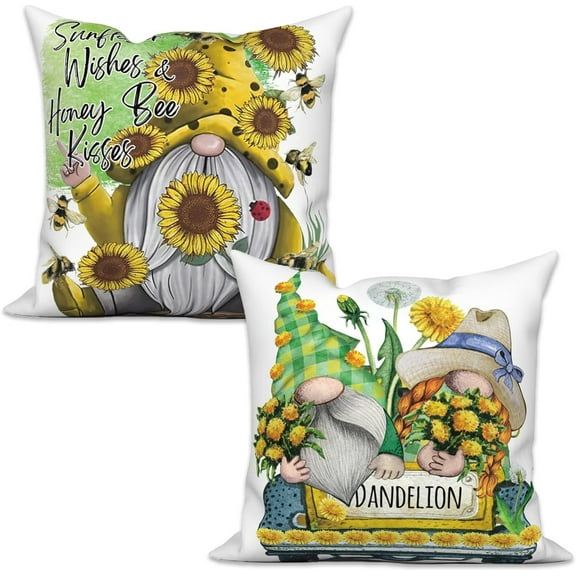 Gnome Pillow Covers 18x18 Set of 2, Sunflower Farmhouse Throw Pillow Covers Spring Summer Pillowcase Decorations Dandelion Truck Cushion Case for Home Outdoor Yard