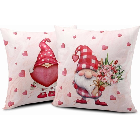 Gnome Pillow Covers Pink Love Hearts Pillow Cases 18x18 Lovely Gnomes with Pink Hearts Floral Decorative Throw Pillow Covers for Anniversary Wedding Home Decor 2 Pack