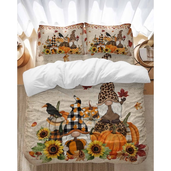 Gnome Pumpkin Bedding Duvet Cover Set Full Size 4 Pieces Thanksgiving Sunflower Leaf Bird Bedding Set with Zipper Closure, 1 Comforter Cover 86x86 Inches 1 Flat Sheet & 2 Pillow Cases
