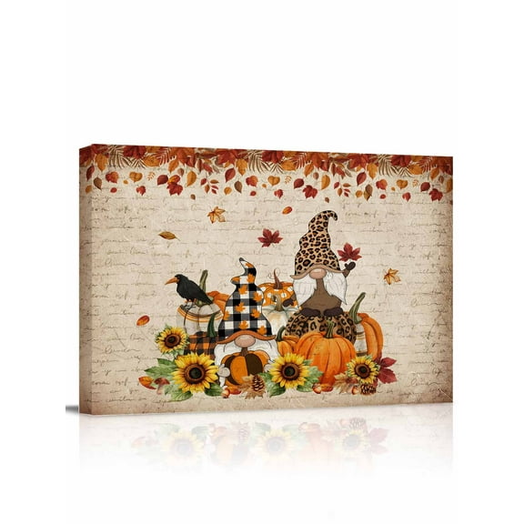 Gnome Pumpkin Canvas Print Wall Art Framed Canvas Art Wall Decor Thanksgiving Sunflower Leaf Bird Pictures Painting Morden Artwork for Living Room Bedroom, Ready to Hang - 12"x16"