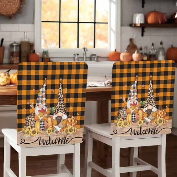 Gnome Pumpkin Chair Covers Set of 6 Fall Sunflower Welcome Chair Back Covers Stretch Removable Washable Slipcovers Protector for Dining Room Kitchen Party Decor