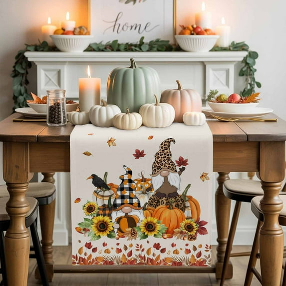 Gnome Pumpkin Table Runner, Autumn Thanksgiving Kitchen Dining Table Decoration for Home Party Decor 13x36 Inches