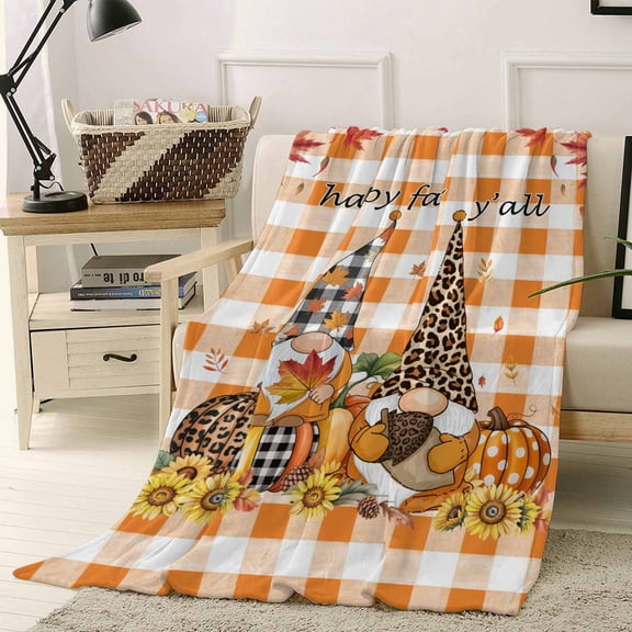 Gnome Pumpkin Throw Flannel Blanket 30x40In Fall Sunflower Maple Leaf Orange Plaid Super Soft Cozy Bed Blanket, Lightweight Plush Fuzzy Bed Throw for Bedroom Sofa Couch Living Room