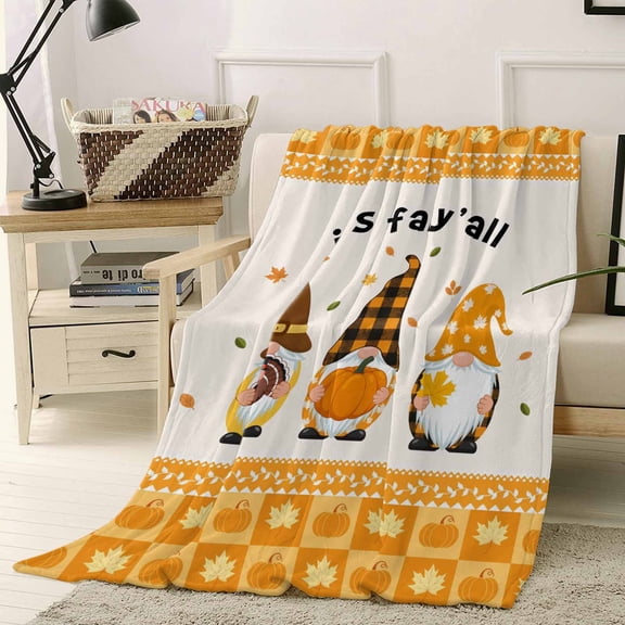 Gnome Pumpkin Turkey Throw Flannel Blanket 30x40In It's Fall Y'all Maple Leaf Thanksgiving Super Soft Cozy Bed Blanket, Lightweight Plush Fuzzy Bed Throw for Bedroom Sofa Couch Living Room