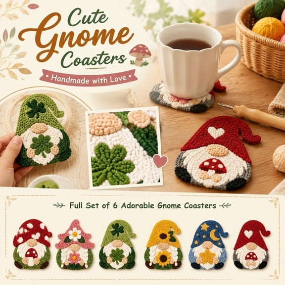 Gnome Punch Needle Coaster Kit, Functional Handmade Drink Coaster Set, Ideal for Home Kitchen Office Desk Tabletop Decoration