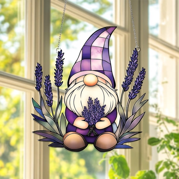 Gnome Purple Lavender Iris Flowers Acrylic Suncatcher Window Hanging Home Decor Garden Lover Gift