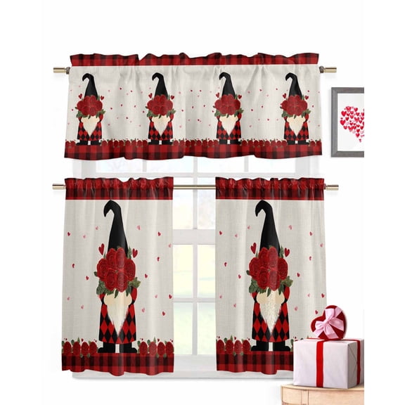 Gnome Rose Kitchen Curtains Valances and Tiers Set of 3, 24 Inch Length Tier Curtains and Valance Rod Pocket Valance Curtains Set for Kitchen Bathroom Small Windows