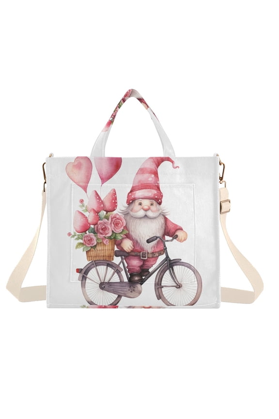 Gnome Roses Flowers Bike Corduroy Tote Bag Handbag Large Messenger Bag Shoulder Crossbody Zipper Bag Purse