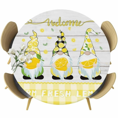Gnome with Round Fitted Table Cover Lemon Rustic Yellow Checked Wood Grain Waterproof Table Cloth with Elastic Edge Wipeable Tablecloth for Picnic Camping Party Fits 55"-60" Diameter