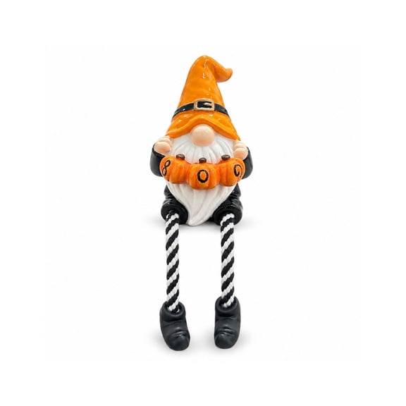 Gnome Shelf Sitter Resin Figurine with Dangling Legs - Mantel Tabletop Fall Halloween Decor - Pumpkin