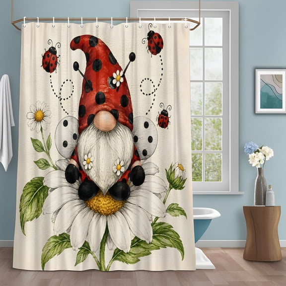Gnome Shower Curtain Set with Hooks, Spring Daisy Ladybugs Polka Dots Water Repellent Sturdy Shower Curtains for Bathroom Decoration, Machine Washable 72x78 Inch