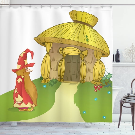 Gnome Shower Curtain, Straw House with a Magician Fantasy Fairy Land Nursery Style Kids Cartoon, Fabric Bathroom Set with Hooks, 69W X 84L Inches Extra Long, Yellow Green and Coral, by Ambesonne