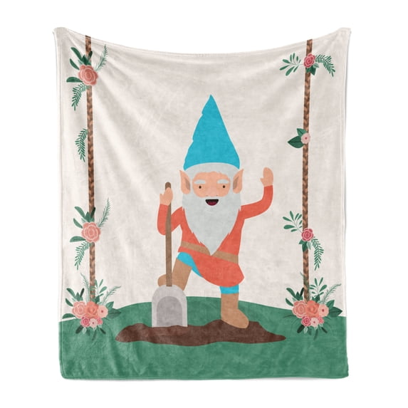 Gnome Soft Flannel Fleece Blanket, Funny Character in the Garden with Wooden Floral String Ornamental Design Print, Cozy Plush for Indoor and Outdoor Use, 50" x 60", Coral Jade Green, by Ambesonne