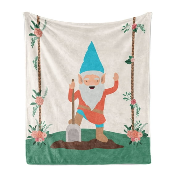 Gnome Soft Flannel Fleece Blanket, Funny Character in the Garden with Wooden Floral String Ornamental Design Print, Cozy Plush for Indoor and Outdoor Use, 50" x 70", Coral Jade Green, by Ambesonne