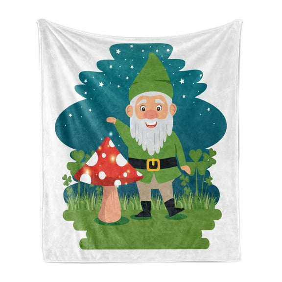 Gnome Soft Flannel Fleece Blanket, Funny Elf with Mushroom in Forest at Magic Starry Night Noel Celebration, Cozy Plush for Indoor and Outdoor Use, 70" x 90", Fern Green Petrol Blue, by Ambesonne