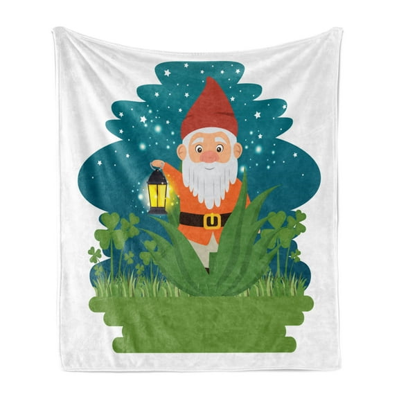 Gnome Soft Flannel Fleece Throw Blanket, Character Dwarf with Lantern on Grass Meadow with Shamrock Leaves at Night, Cozy Plush for Indoor and Outdoor Use, 50" x 60", Multicolor, by Ambesonne