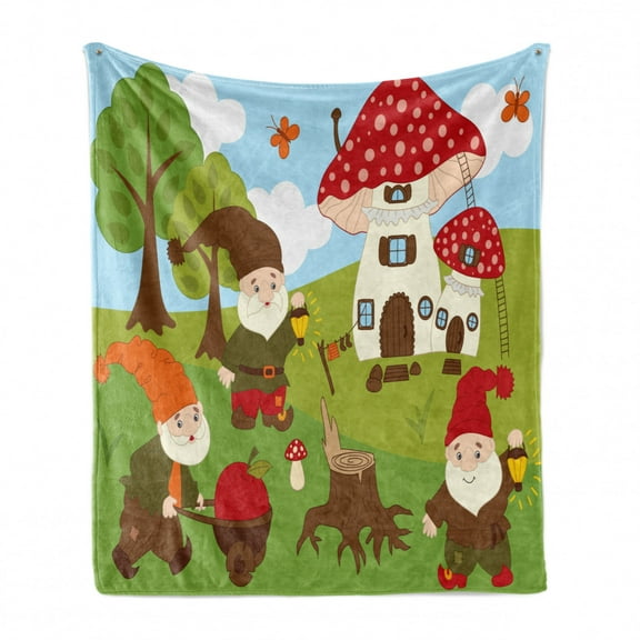 Gnome Soft Flannel Fleece Throw Blanket, Elves Working in the Garden Amanita House Butterflies Forest Trees Composition, Cozy Plush for Indoor and Outdoor Use, 50" x 60", Multicolor, by Ambesonne