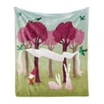 thumbnail image 1 of Gnome Soft Flannel Fleece Throw Blanket, Forest with Pink Trees Flying Love Birds Easter Bunnies Landscape, Cozy Plush for Indoor and Outdoor Use, 50" x 70", Fern Green Dark Magenta, by Ambesonne, 1 of 5
