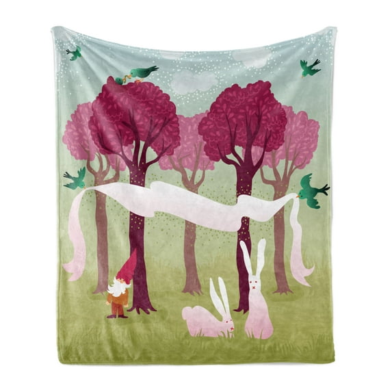 Gnome Soft Flannel Fleece Throw Blanket, Forest with Pink Trees Flying Love Birds Easter Bunnies Landscape, Cozy Plush for Indoor and Outdoor Use, 50" x 70", Fern Green Dark Magenta, by Ambesonne