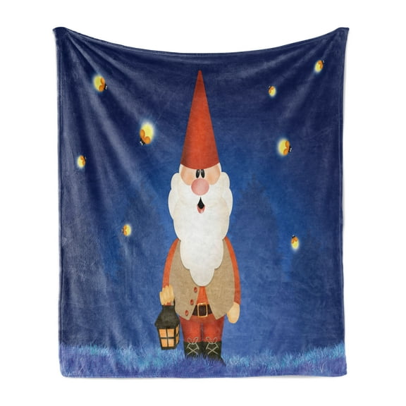 Gnome Soft Flannel Fleece Throw Blanket, Garden Elf at Night Holding a Lantern and Surrounded by Fireflies Cartoon, Cozy Plush for Indoor and Outdoor Use, 50" x 60", Navy Blue Scarlet, by Ambesonne