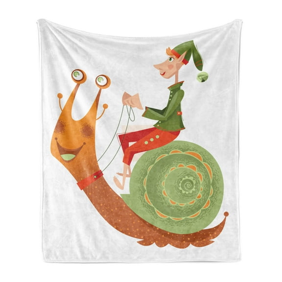 Gnome Soft Flannel Fleece Throw Blanket, Little Elf Riding a Snail Pastel Dreamland Children Creative Cartoon, Cozy Plush for Indoor and Outdoor Use, 50" x 70", Olive Green Burnt Sienna, by Ambesonne