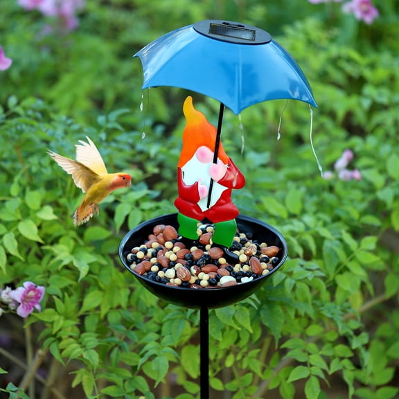 Gnome Solar Bird Feeder Stake with Umbrella Light, Solar Outdoors Light 34.6 Inch Height Multi-Use Tray for Garden Backyard and Patio Decor