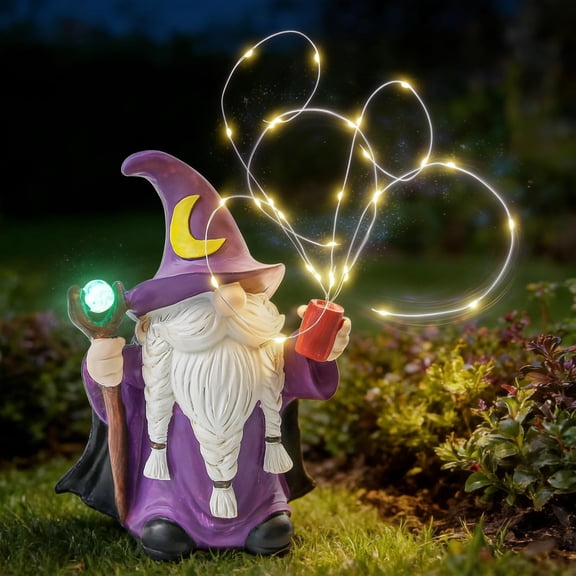 Gnome Solar Garden Statue 9.7" Outdoor Decor with LED Firefly String Lights, Waterproof Solar Powered Figurine for Patio, Yard, Lawn, Porch, Housewarming, Mom & Birthday Gift Ghome