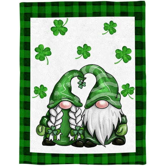 Gnome St. Patrick''s Day Throw Blankets, Buffalo Plaid Shamrock Soft Fleece Blanket Decorative for Home Sofa Couch Chair Living Bedroom,60x80 Inches, Seasonal Spring Holiday