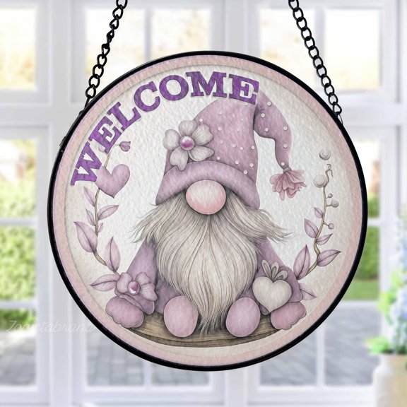 Gnome Stained Glass Suncatcher Metal Outdoor Decor Whimsical Lavender