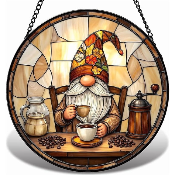 Gnome Stained Glass Suncatcher for Window Hanging, Gnome Drink Coffee Sun Catcher for Window Decoration, Glass Wall Art Decor Gift for Thanksgiving, Christmas G047 (6.3IN)