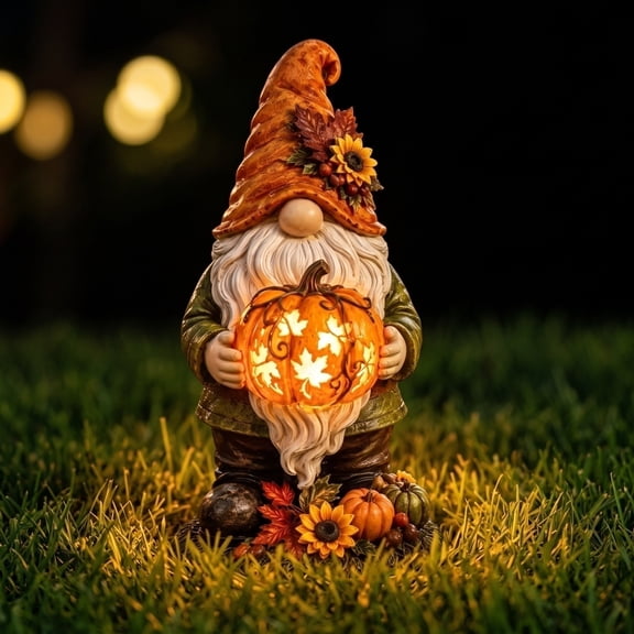 Gnome Statue With Lighted Pumpkin, Resin Fall Harvest Figurine Lamp For Halloween Garden Patio Home Decoration
