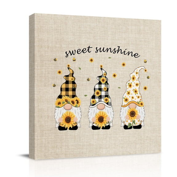 Gnome Sunflower Canvas Wall Art for Living Room, Farm Yellow Flower Sweet Sunshine Vintage Poster Print Painting for Bedroom Office Home Decoration Wall Pictures Prepare To Hang 8"x8"