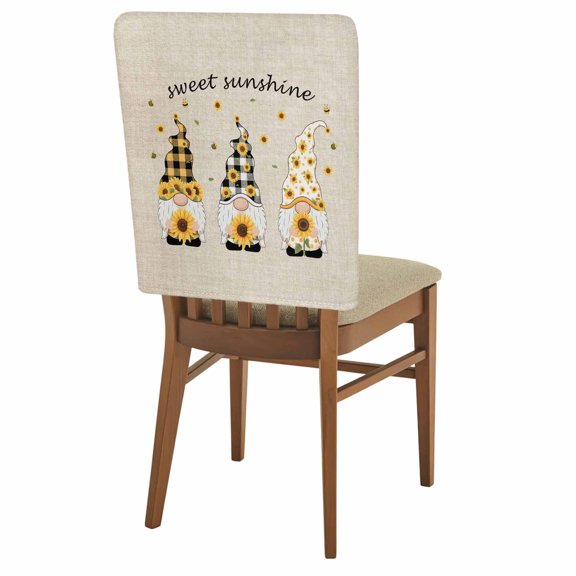 Gnome Sunflower Chair Back Covers Set of 1, Farm Yellow Flower Sweet Sunshine Vintage Stretch Dining Chair Back Slipcovers Removable Seat Cover for Kitchen Restaurant Hotel Cafe