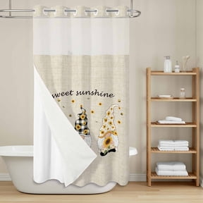 Gnome Sunflower No Hook Shower Curtain with Snap in Liner, Farm Yellow Flower Sweet Sunshine Vintage Waterproof Shower Curtains with See Through Top Window Liner for Bathroom, 36x72 Inches