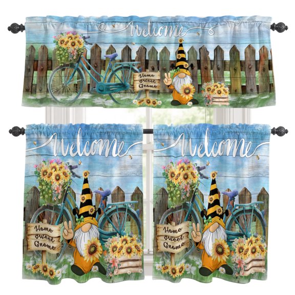 Gnome Sunflower Kitchen Curtains Set for Windows, Welcome Summer Bike Farmhouse Curtains Valance and Tier 3 Piece Set Small Drapes 24 Inch Length for Kitchen Bedroom Decor