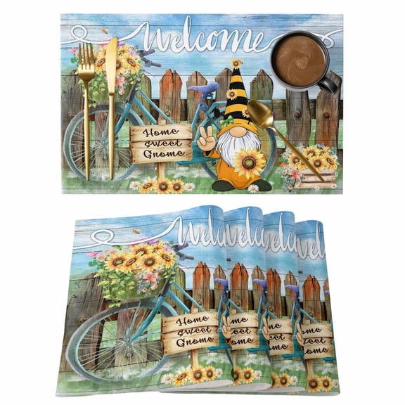 Gnome Sunflower Placemats Set of 2, Farm Yellow Flower Sweet Sunshine Vintage Non-Slip Place Mats Washable Table Mats for Kitchen Dining Table Decorations Indoor/Outdoor