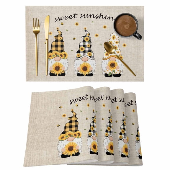 Gnome Sunflower Placemats Set of 1 Farm Yellow Flower Sweet Sunshine Vintage Heat Insulation Washable Place Mats, Rustic Non-Slip Table Mats for Dining Table Party Kitchen Decor,13x19 Inch