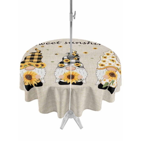 Gnome Sunflower Round Outdoor Tablecloth with Umbrella Hole Farm Yellow Flower Sweet Sunshine Vintage 54 Inch Round Waterproof Table Cover Zippered Table Cloth for Garden Patio