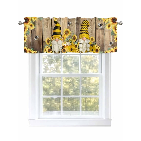 Gnome Sunflower Valances for Windows, Rod Pocket Kitchen Valance Curtains - Soft & Washable Small Window Treatment for Living Room, Bathroom, Farmhouse Vintage Wood , 42x12 Inch, 1 Panel