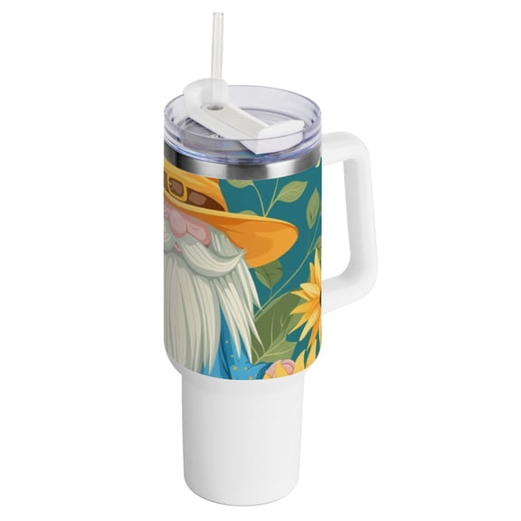 Gnome Sunflowers Leaves 40 oz Tumbler with Handle InsulatedTravel MugLid Straw Leak Proof Steel Vacuum Water Bottles Glasses Fits in Car Cup Holder