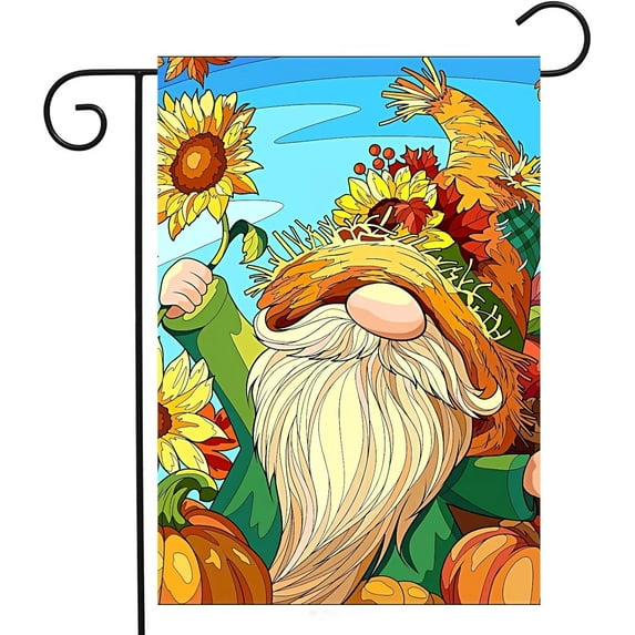Gnome with Sunflowers Pumpkins Fall Leaves Berries Autumn Thanksiving Day Garden Yard Flag 12"x 18" Double Sided Polyester Welcome House Flag for Patio Lawn Outdoor Home Decor