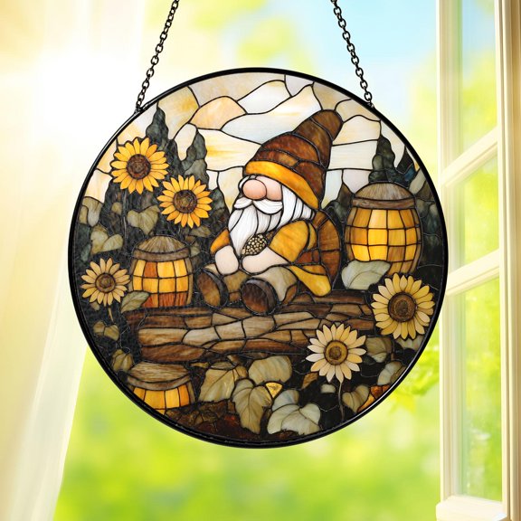 Gnome Sunflowers Stained Glass Suncatcher Window Hanging Home Decor Rustic Farm Floral