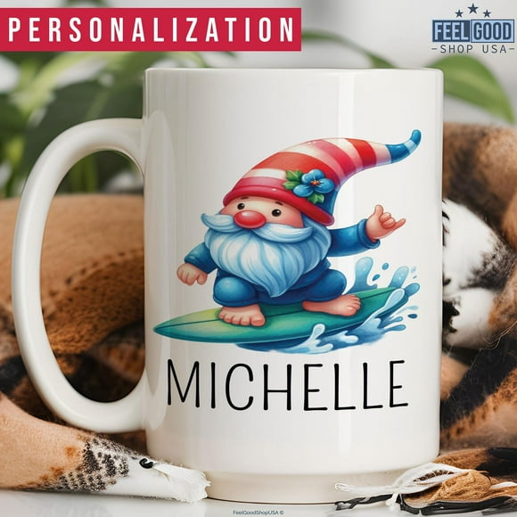 Gnome Surfing Mug, Personalized Gnome Surfer Gift, Custom Gnome Surfing Name Mug, Surfing Coffee Mug, Gnome Surfing Cup Gift For Surfers, Ceramic Mug 15Oz