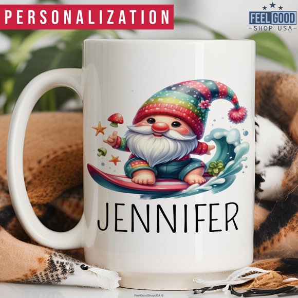 Gnome Surfing Mug, Personalized Gnome Surfer Gift, Custom Gnome Surfing Name Mug, Surfing Coffee Mug, Gnome Surfing Cup Gift For Surfers, Ceramic Mug 15Oz
