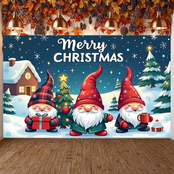 Gnome Theme Merry Christmas Banner Christmas Tree Christmas Gnome Display Gift Boxes Snowy Scene Xmas Backdrop for Christmas Party Holiday Gathering Home Decoration