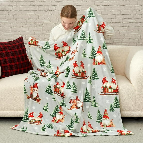 Gnome Throw Blanket Christmas Blanket Warm Plush Throw Blanket, Ultra Soft Cozy Throw Blanket for Couch, Sofa and Bed (Xmas Gnome in Sleigh, 50" x 60")